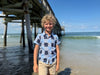 Navy, blue, multi plaid, shirt, beige, shorts, beach, pier, button, buttons, short, sleeves, boy, summer, Henry.