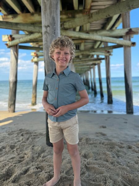 Navy, jersey, shirt, button, buttons, short, sleeves, beige, shorts, standing, in, the, sand, at, the, pier, summer, henry.