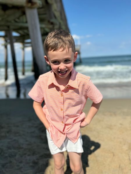 tangerine, white, stripe, jersey, shirt, button, buttons, white, shorts, hands, in, pockets, dark, hair, little, boy, at, the, pier, summer, henry.