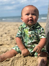 baby, boy, sitting, in, the, sand, green, palm, leaf, romper, button, buttons, collar, pocket, spring, summer, henry