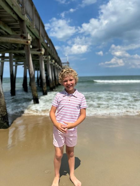 fair haired, boy, pink, navy, white, stripe, stripped, stripes, pique, polo, short, sleeved, sleeves, pink, shorts.