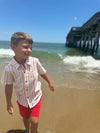 Coral, white, stripe, stripes, striped, shirt, red, shorts, beach, pier, button, buttons, short, sleeves, boy, summer, Henry.