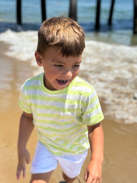 Neon, white, striped, tee, white, shorts, dark, hair, boy, at, pier, having, fun, summer, henry.