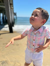 Pink, Blue, Plaid, woven, shirt, button, buttons, pocket, white, shorts, little, boy, looking, up, standing, on, beach, dark, hair, summer, henry.