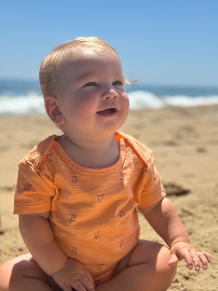 tangerine, henry, printed, triple, onesies, fair, hair, baby, boy, on, beach, summer, henry.