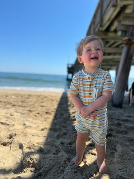 blue, tangerine, multi, striped, ribbed, Henley, romper, button, buttons, little, boy, standing, in, the, sand, spring, summer, henry.