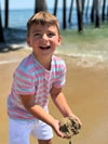 Pink, blue, striped, tee, stripes, striped, white, shorts, boy, holding, sand, dark, hair, summer, henry., 