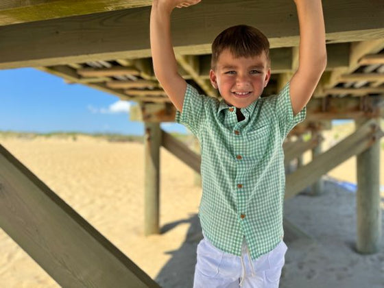 Green, white, plaid, woven, shirt,  
white, shorts,  button, buttons, short, sleeves, boy, summer, Henry.