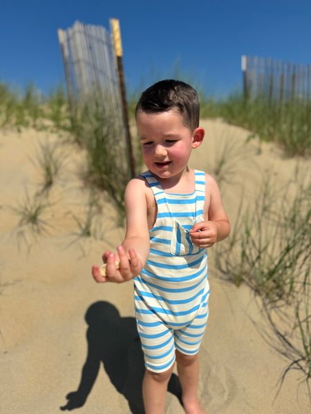 Aqua, white, stripe, stripes, striped, jersey, overalls, pocket, at, the, front, dark, hair, little, boy, holding, shells, summer, henry.