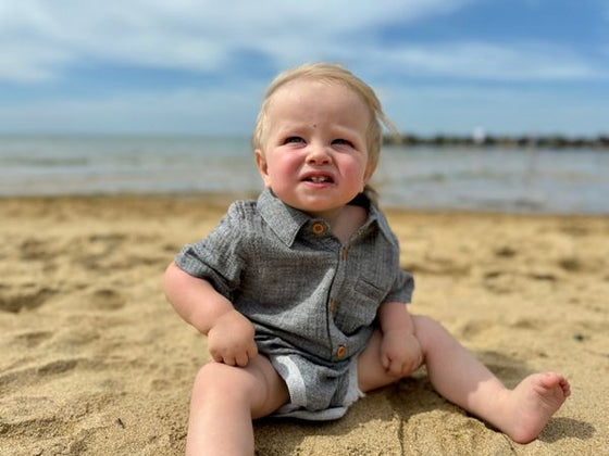 grey, gauze, woven, button, buttons, pocket, collar, fair, hair, little, baby, boy, at, beach, summer, henry.