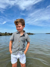 Navy, gauze, shirt, white, shorts, standing, in, water, button, buttons, short, sleeves, boy, summer, Henry.