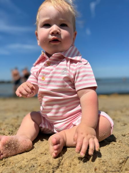 pink cream, striped, stripe, stripes,          pique, polo, romper, button, buttons,          baby, boy, sitting, in, sand, spring, summer, henry,