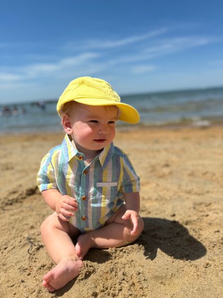 blue, yellow, stripe, stripes, striped, button, buttons, pocket, woven, onesie, little, boy, wearing, yellow, woven, cap, summer, henry.