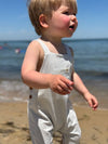 Little, boy, wearing, white, grey, stripe, stripes, striped, jersey, overalls, pocket, at, the, front, brown, hair, summer, henry.