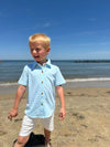 Aqua, white, stripe, jersey, shirt, button, buttons, white, ribbed, shorts, blonde, hair, boy, at, coast, casual, look, summer, henry.