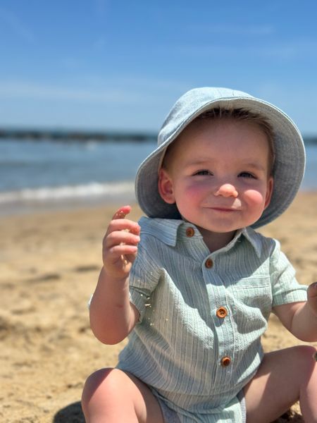 grey, stripe, woven, onesie, button, buttons, collar, pocket, little, baby, boy, wearing, blue, bucket, hat, summer, henry.