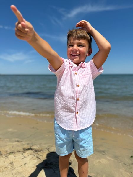 Pink, Double, stripe, stripes, striped, dark, hair, pointing, button, buttons, short, sleeves, boy, summer, henry.