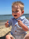 blue, stipe, stripes, striped, button, buttons, collar, pocket, brown, hair, baby, playing, in, the, sand, summer, henry.