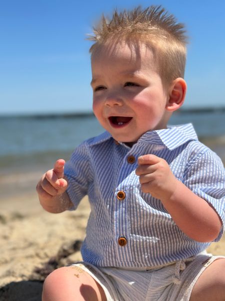 blue, stipe, stripes, striped, button, buttons, collar, pocket, brown, hair, baby, playing, in, the, sand, summer, henry.