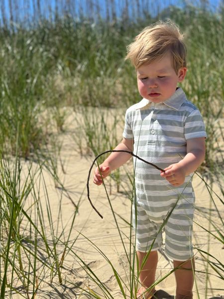 grey, white stripe, polo, romper collar, button, buttons, little, boy holding, a, stick, spring summer, henry, 