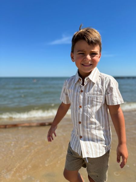 Beige, White, Wide, Woven, stripe, stripes, striped, shirt, button, buttons, brown, hair, beige, shorts, boy, at, the, beach, summer, henry.