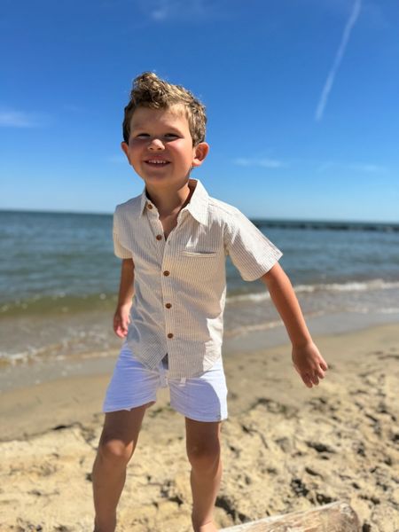 Blue, white, stripe, white, shorts, beach, water, button, buttons, short, sleeves, boy, summer, Henry.