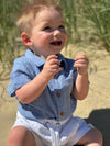 blue, gauze, woven, onesie, button, buttons, collar, pocket, brown, hair, little, baby, wearing, white, shorts, summer, henry.