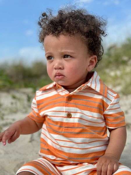 tangerine, grey, white, stripe, stripes, striped, polo, romper, button, , collar, dark, curly, hair, spring, summer, henry, 