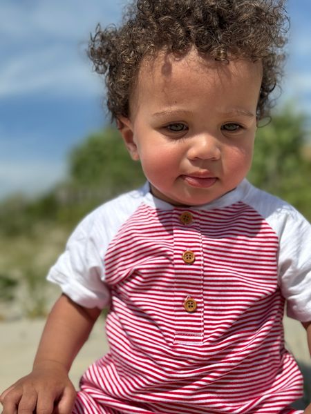 red, white, stripe, stripes, striped,  raglan, button, buttons, romper, curly, hair, spring, summer, henry,