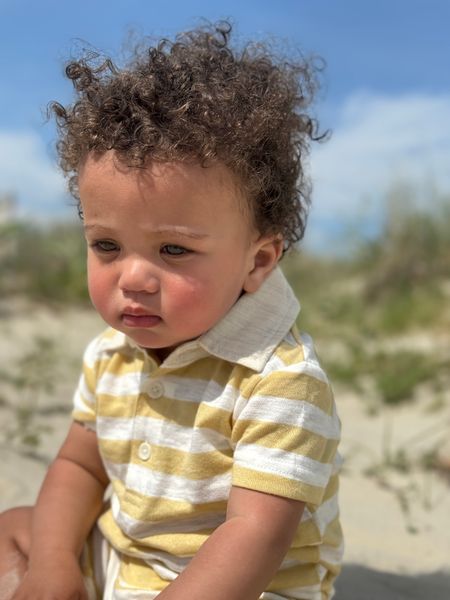 beige, white, stripe, stripes, striped, polo, romper, button, buttons, collar, little, boy, got, dark, curly, hair, cool, look, spring, summer, henry.