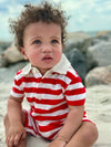 Red, white, stripe, stripes, striped, polo, romper, button, buttons, collar,  curly, hair, baby, sitting, in, the, sand, spring, summer, henry.