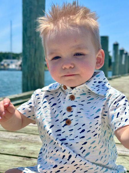 navy, blue, fish, printed, polo, romper, button, buttons, collar, fair, hair, spring, summer, henry.