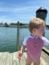 Red, white, striped, raglan, onesie, button, buttons, standing, on, a, bridge, looking, at, the, water, brown, hair, summer, henry.