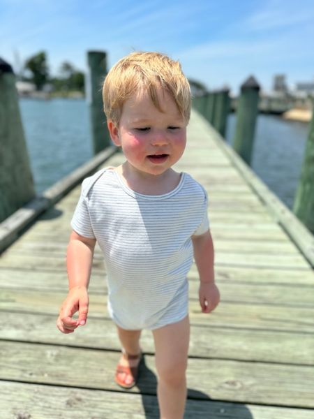 Nautical, striped, triple, pack, onesies, little, boy, walking, along, a, bridge, cool, look, summer, henry.