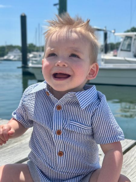 royal, white, seersucker, stripe, stripes, striped, button, buttons, pocket, collar, baby, sitting, at, pier, summer, henry.