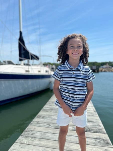 Boy on Pier in White Shorts, Navy/Blue, Stripe, stripped, Stipes short, sleeved, sleeves, Polo by Henry