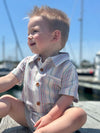 aqua, blue, red, stripe, stripes, striped, woven, onesie, pocket, button, buttons, sitting, on, pier, summer, henry.