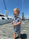 little, boy, at, the, board, walk, navy, Hawaii, printed, romper, button, buttons, collar, pocket, spring, summer, henry.