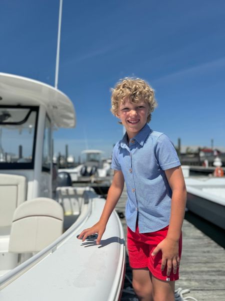 Royal, Jersey, Shirt, button, buttons, red, shorts, curly, fair, hair, boy, standing, next, to, a, boat, casual, look, summer, henry.