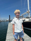 Blond Boy wearing Blue Cargo Shorts ,Navy/Blue,  Fish,  Polo, short, sleeved, sleeves, sleeve, by Henry