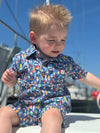 multi, buoys, printed, romper, button, buttons, collar, brown, hair, spring, summer, henry.