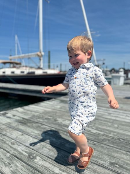 navy, boat, printed romper, button, buttons, collar, tan, sandals, little, boy, walking, on, the boardwalk, spring, summer, henry, 