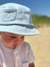 Stonewash, denim, bucket, hat, little, baby, wearing, white, onesie, button, buttons, pocket, summer, henry.