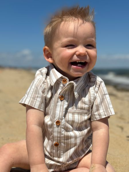 beige, white, wide, stripe, stripes, striped, button, buttons, pocket, collar, woven, onesie, happy,, baby, sitting, in, sand, summer, henry, 