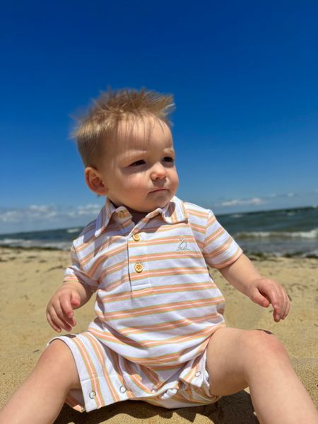 tangerine, white, stripe, stripes, striped, pique, polo, romper, button, buttons, collar, little, sitting, in, sand, spring, summer, henry.