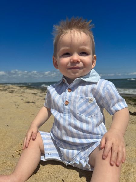 blue, white, stripe, romper, button, buttons, collar, pocket, little, baby, boy, sitting, on, the, beach, cool, spring, summer, henry.