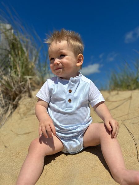 blue, white, striped, raglan, onesies, button, buttons,  dark, hair, sitting, on, sand, summer, henry.