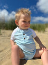 sky, white, stripe, raglan, onesie, fair, hair, button, buttons, baby, sitting, in, the, sand, summer, henry,  