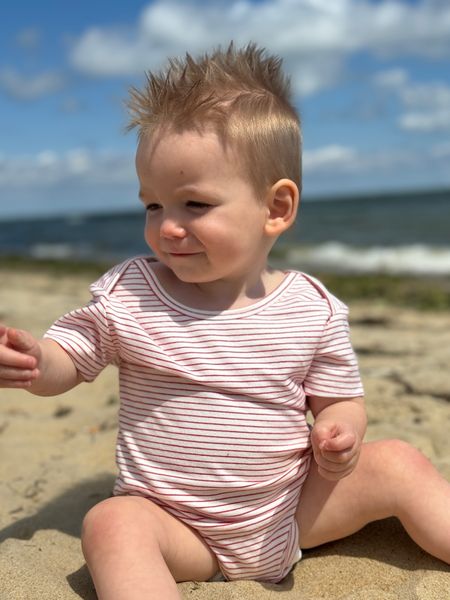 Nautical, stripe, triple, pack, onesies, baby, boy, sitting, in, sand, dark, hair, cool, look, summer, henry.