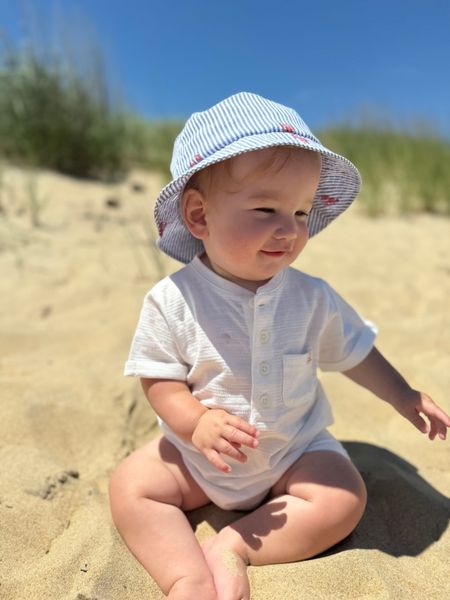 Lobster, seersucker, woven, bucket, hat, white, onesie, baby, playing, in, the, sand, summer, henry.